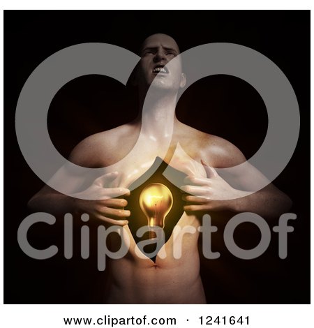 Clipart of a 3d Man Ripping Open His Chest and Revealing a Light Bulb - Royalty Free Illustration by Mopic