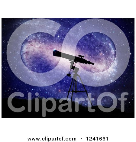 Clipart of a 3d Telescope Silhouetted over a Spiral Galaxy - Royalty Free Illustration by Mopic