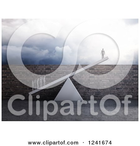 Clipart of a 3d Business Team Lifting a Single Man over a Brick Wall Obstacle and Storm - Royalty Free Illustration by Mopic