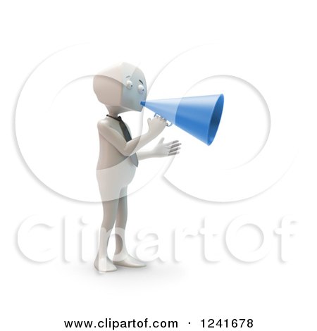 Clipart of a 3d Block Head Businessman Using a Blue Megaphone - Royalty Free Illustration by Mopic