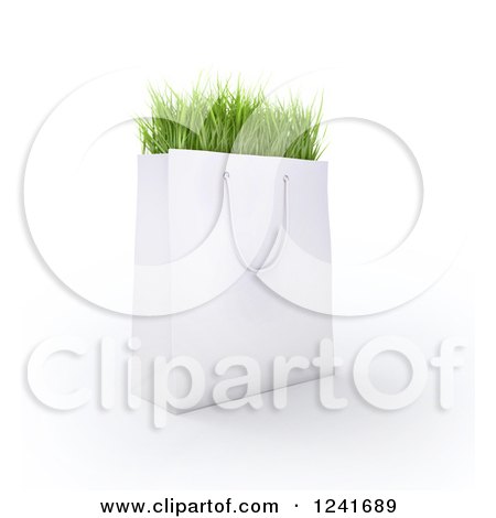 Clipart of a 3d White Shopping Bag Full of Grass - Royalty Free Illustration by Mopic