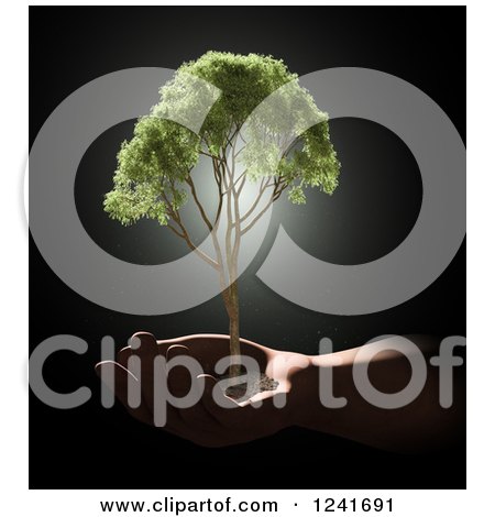 Clipart of a 3d Human Hand Holding a Tree - Royalty Free Illustration by Mopic