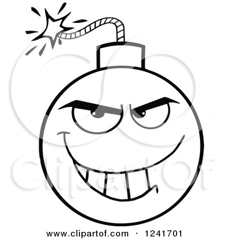 Clipart of a Black and White Grinning Mischievous Bomb Mascot - Royalty Free Vector Illustration by Hit Toon