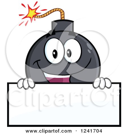 Clipart of a Happy Bomb Mascot over a Blank Sign - Royalty Free Vector Illustration by Hit Toon