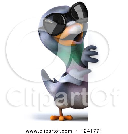 Clipart of a 3d Pigeon Wearing Sunglasses and Pointing Around a Sign