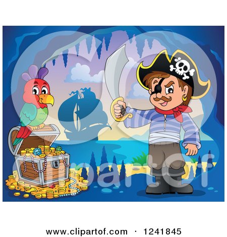 Clipart of a Pirate Captain with a Sword Parrot and Treasure in a Cave - Royalty Free Vector Illustration by visekart