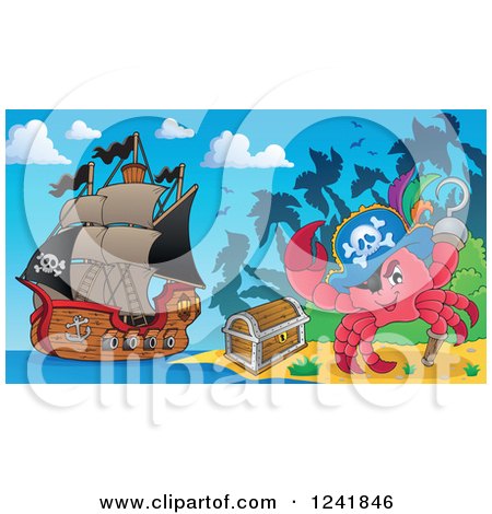 Clipart of a Pirate Crab with a Treasure Chest on a Beach - Royalty Free Vector Illustration by visekart