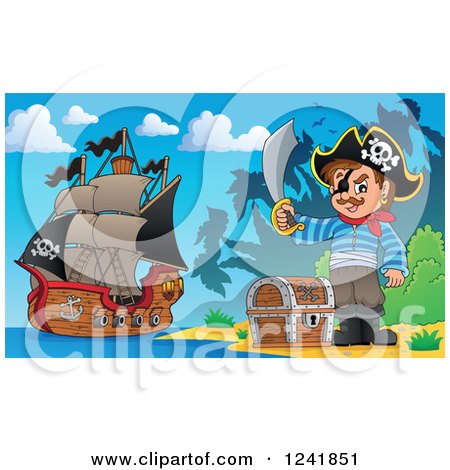 Clipart of a Pirate with His Treasure on Shore - Royalty Free Vector Illustration by visekart