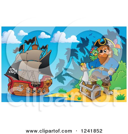 Clipart of a Pirate Captain with His Treasure on Shore - Royalty Free Vector Illustration by visekart