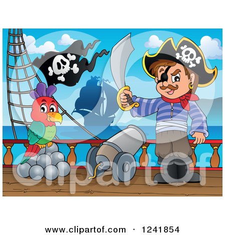 Clipart of a Pirate Captain Withi a Parrot and Sword on Deck - Royalty Free Vector Illustration by visekart
