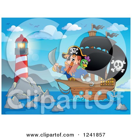 Clipart of a Pirate Captain Nearing a Lighthouse - Royalty Free Vector Illustration by visekart