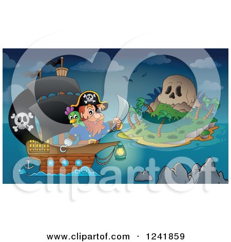 Clipart of a Pirate Captain and Ship near a Skull Island - Royalty Free Vector Illustration by visekart