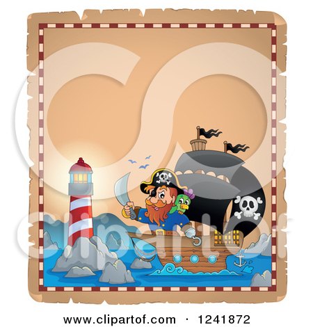 Clipart of a Lighthouse and Pirate Ship - Royalty Free Vector Illustration by visekart