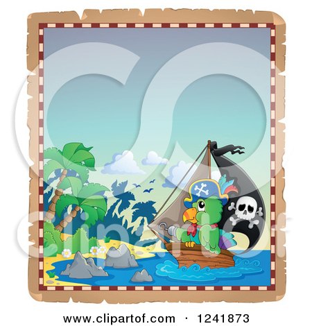Clipart of a Parrot Pirate and Ship Nearing an Island - Royalty Free Vector Illustration by visekart