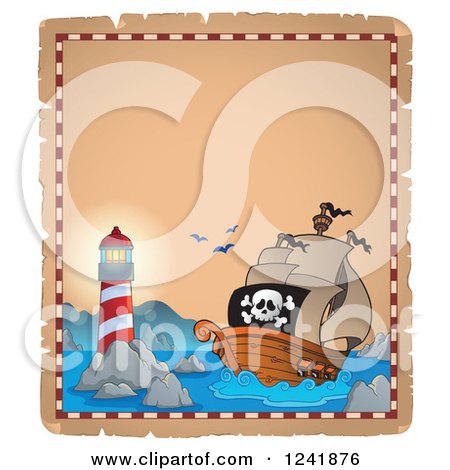 Clipart of a Background of a Lighthouse and Pirate Shi - Royalty Free Vector Illustration by visekart