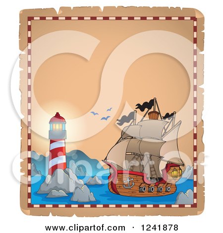 Clipart of a Background of a Lighthouse and Pirate Shi - Royalty Free Vector Illustration by visekart
