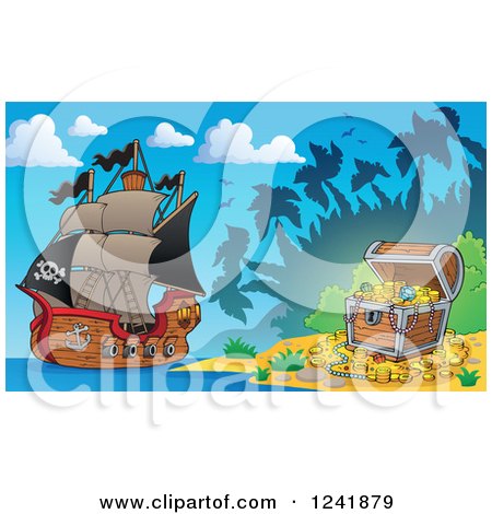 Clipart of a Treasure Island Beach and Pirate Ship - Royalty Free Vector Illustration by visekart