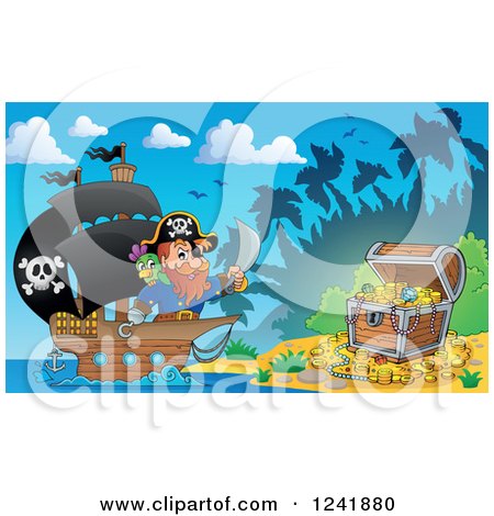 Clipart of a Parrot and Pirate Captain Nearing a Treasure Beach - Royalty Free Vector Illustration by visekart