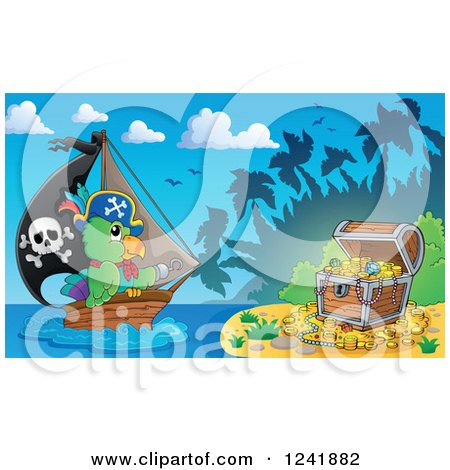 Clipart of a Parrot Pirate and Ship Nearing a Treasure Island - Royalty Free Vector Illustration by visekart