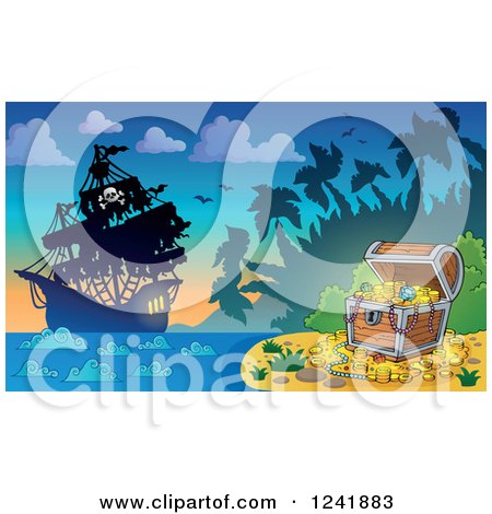 Clipart of a Pirate Ship and Treasure Chest at an Island - Royalty Free Vector Illustration by visekart