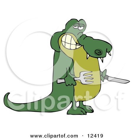 Hungry Green Alligator Holding a Knife and Fork Clipart Illustration by djart
