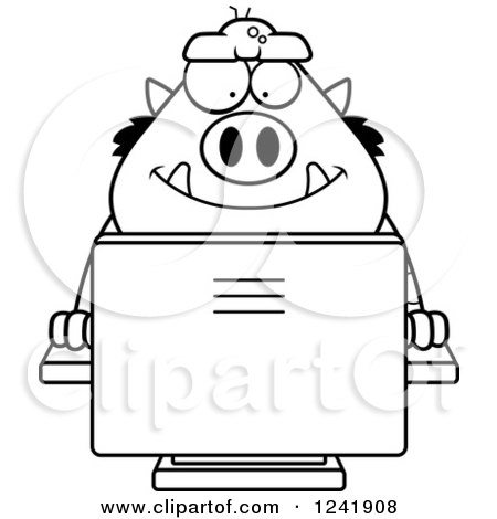 Clipart of a Black and White Chubby Happy Troll Online - Royalty Free Vector Illustration by Cory Thoman