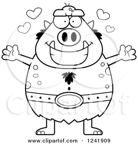 Clipart of a Black and White Chubby Troll with Open Arms and Hearts - Royalty Free Vector Illustration by Cory Thoman