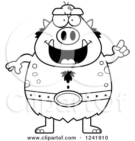 Clipart of a Black and White Chubby Troll with an Idea - Royalty Free Vector Illustration by Cory Thoman