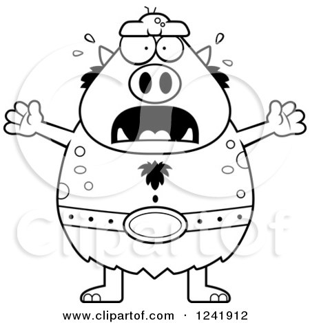 Clipart of a Black and White Scared Screaming Chubby Troll - Royalty Free Vector Illustration by Cory Thoman