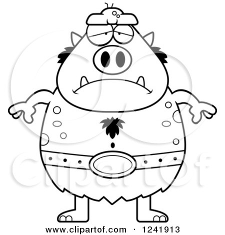 Clipart of a Black and White Depressed Sad Chubby Troll - Royalty Free Vector Illustration by Cory Thoman