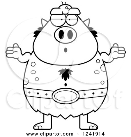 Clipart of a Black and White Careless Shrugging Chubby Troll - Royalty Free Vector Illustration by Cory Thoman