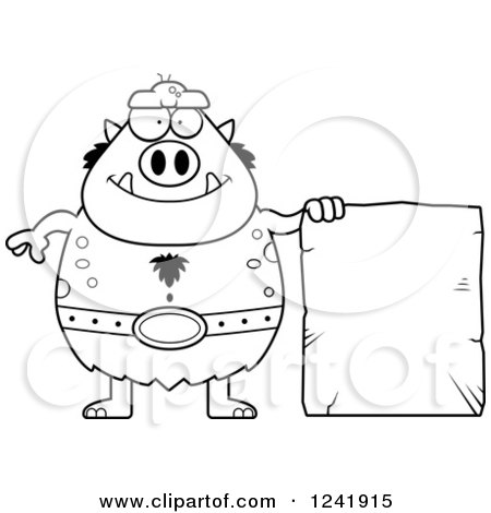 Clipart of a Black and White Chubby Happy Troll with a Stone Tablet Sign - Royalty Free Vector Illustration by Cory Thoman