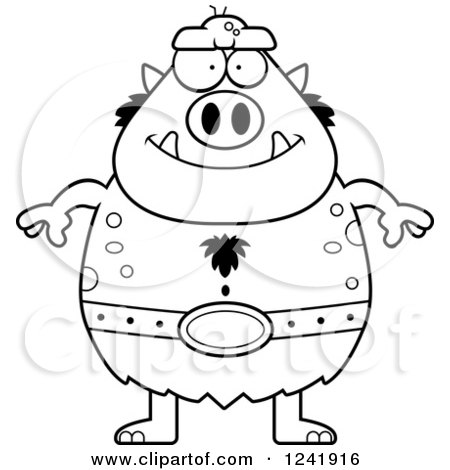 Clipart of a Black and White Chubby Happy Troll - Royalty Free Vector Illustration by Cory Thoman
