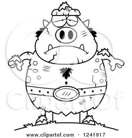 Clipart of a Black and White Stone Chubby Troll Statue - Royalty Free Vector Illustration by Cory Thoman