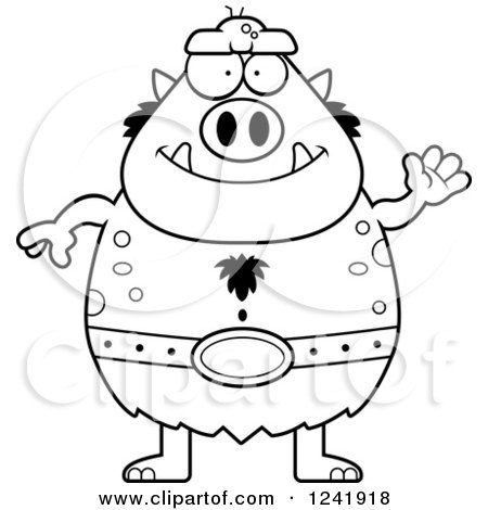 Clipart of a Black and White Friendly Waving Chubby Troll - Royalty Free Vector Illustration by Cory Thoman