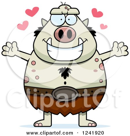 Clipart of a Chubby Troll with Open Arms and Hearts - Royalty Free Vector Illustration by Cory Thoman