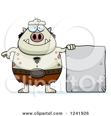 Clipart of a Chubby Happy Troll with a Stone Tablet Sign - Royalty Free Vector Illustration by Cory Thoman