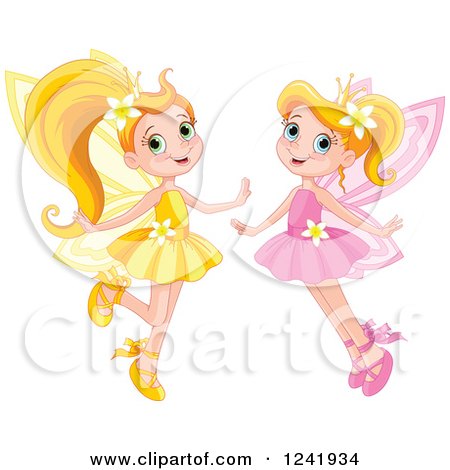 Clipart of Happy Yellow and Pink Fairy Girls Royalty Free Vector Illustration by Pushkin