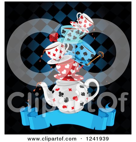Clipart of a Stacked Dripping Tea Cups and a Pot over a Ribbon Banner and Checkers - Royalty Free Vector Illustration by Pushkin