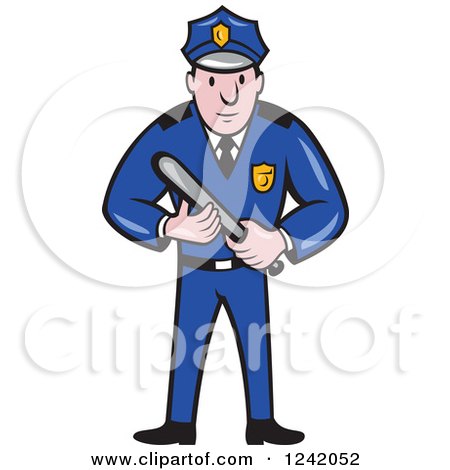Clipart of a Cartoon Male Police Man Holding a Baton - Royalty Free Vector Illustration by patrimonio