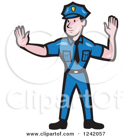 Clipart of a Cartoon Male Police Man Gesturing to Stop - Royalty Free Vector Illustration by patrimonio