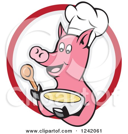 Clipart of a Happy Pig Chef with a Bowl of Soup in a Circle - Royalty Free Vector Illustration by patrimonio
