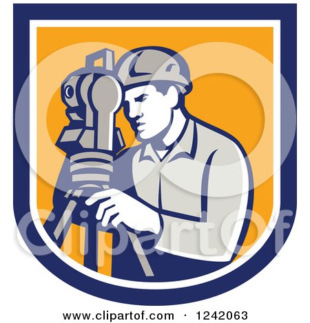 Clipart of a Retro Male Surveyor Using a Theodolite in a Blue and Yellow Shield - Royalty Free Vector Illustration by patrimonio
