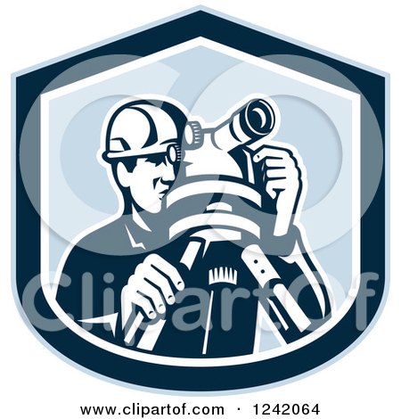 Clipart of a Retro Male Surveyor Using a Theodolite in a Blue Shield - Royalty Free Vector Illustration by patrimonio