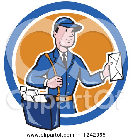 Clipart of a Cartoon Mailman Holding out an Envelope in a Circle - Royalty Free Vector Illustration by patrimonio