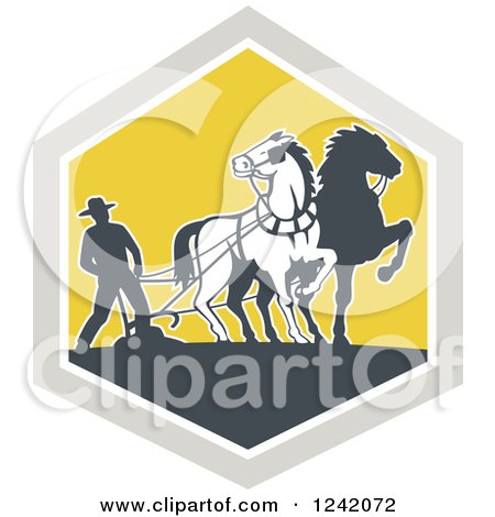 Clipart of a Retro Farmer and Horses Plowing a Field in a Diamond - Royalty Free Vector Illustration by patrimonio