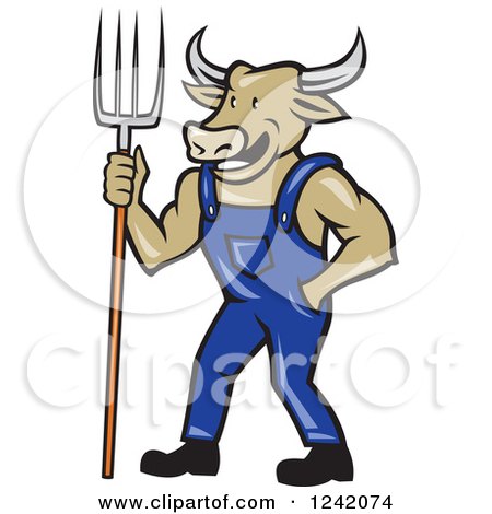 Clipart of a Cartoon Bull Cow Farmer with a Pitchfork and Overalls - Royalty Free Vector Illustration by patrimonio