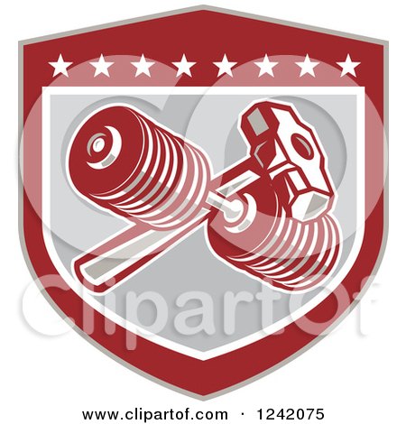 Clipart of a Retro Shield with a Dumbbell and Sledgehammer - Royalty Free Vector Illustration by patrimonio