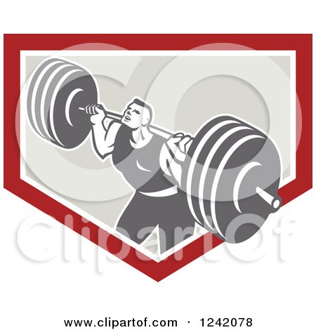 Clipart of a Retro Bodybuilder Doing Squats with Dumbbells in a Shield - Royalty Free Vector Illustration by patrimonio