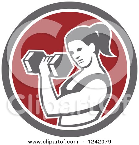 Clipart of a Fit Woman Doing Bicep Curls with a Dumbbell in a Circle - Royalty Free Vector Illustration by patrimonio